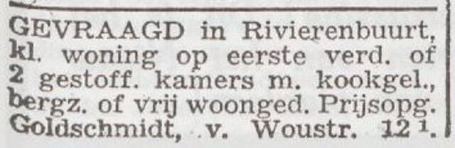 Advertentie 'te huur gevraagd' van het gezin Lothar Goldschmidt
