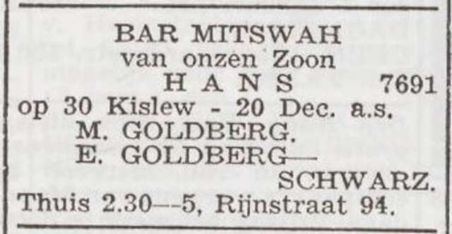 Aankondiging van de bar mitswa van Hans Goldberg