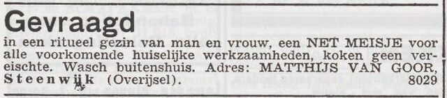 Advertentie 'personeel gevraagd' van het echtpaar Thijs van Goor