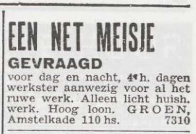 Advertentie 'personeel gevraagd' van het gezin Groen