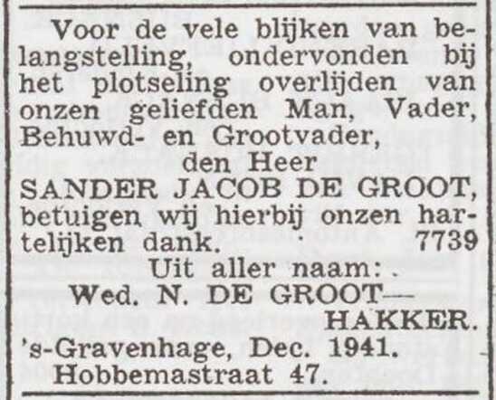 Dankbetuiging van Naatje de Groot-Hakker