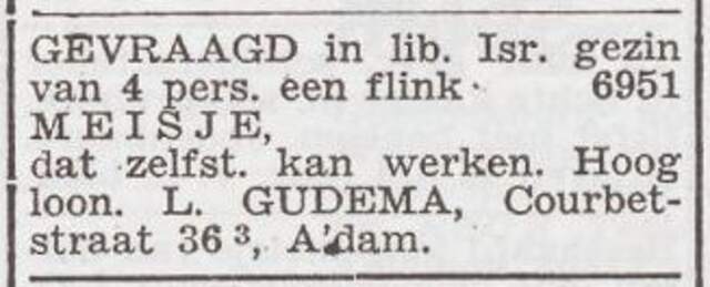 Advertentie 'personeel gevraagd' van het gezin Gudema
