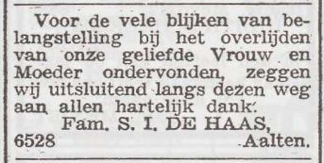 Dankbetuiging van de familie Salomon Izak de Haas