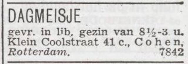 Advertentie 'personeel gevraagd' van het gezin Abraham Cohen