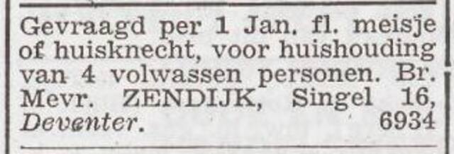 Advertentie 'personeel gevraagd' van het gezin Mozes Aron Zendijk