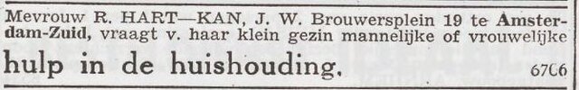 Advertentie 'personeel gevraagd' van het gezin Arnold Hart
