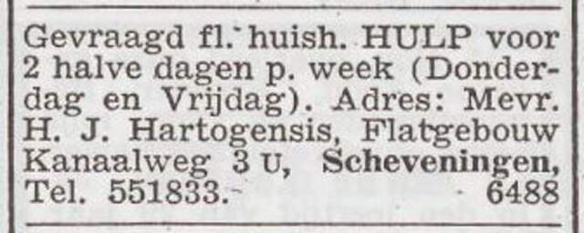 Advertentie 'personeel gevraagd' van het gezin Hartogensis