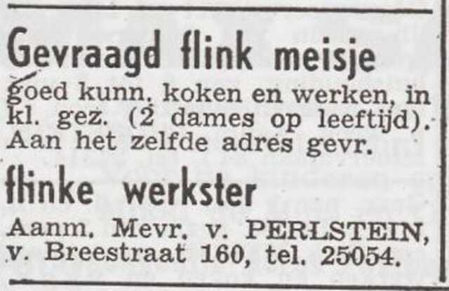 Advertentie 'personeel gevraagd' van Sara van Perlstein-Hecht