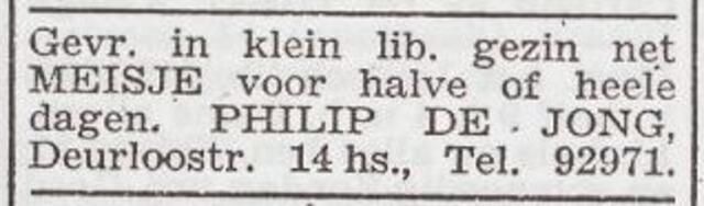 Advertentie 'personeel gevraagd' van het gezin Philip de Jong