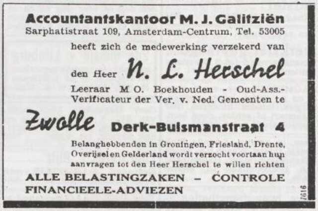 Advertentie van Nico Louis Herschel en M.J. Galitziën