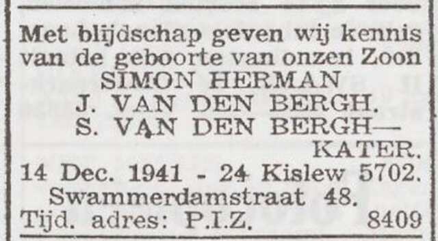Bekendmaking van de geboorte van Simon Herman van den Bergh