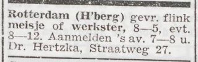 Advertentie  'personeel gevraagd' van dr. Ernst en Ella Hertzka