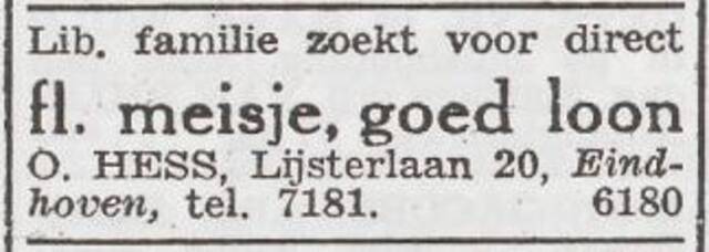 Advertentie 'personeel gevraagd' van het gezin Otto Hess
