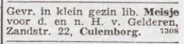 Advertentie 'personeel gevraagd' van het gezin Hijman van Gelderen