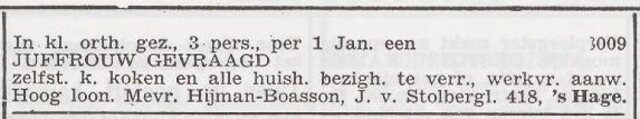 Advertentie 'personeel gevraagd' van Mimi Hijman-Boasson