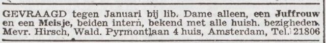 Advertentie 'personeel gevraagd' van Frederika Hirsch-de Vries