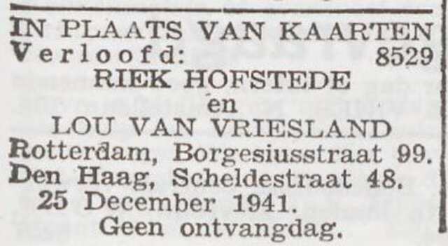Bekendmaking van de verloving van Levi Henri van Vriesland en Henrica Hofstede