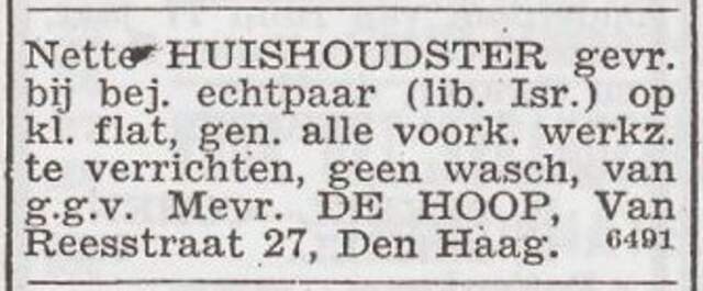 Advertentie 'personeel gevraagd' van het echtpaar Hartog en Susanne  de Hoop