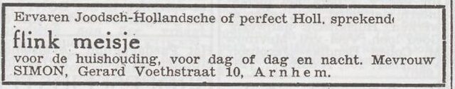 Advertentie 'personeel gevraagd' van Ida Simon-Hirsch