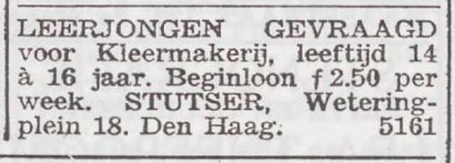 Advertentie 'personeel gevraagd' van kleermaker Sztycer