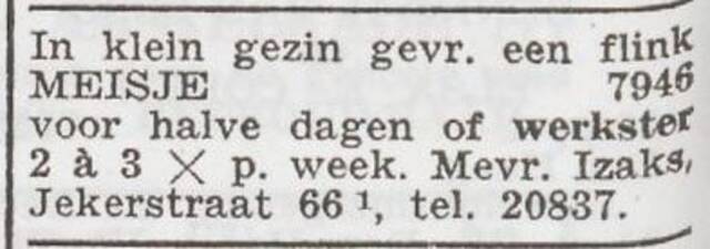 Advertentie 'personeel gevraagd' van Anna Izaks-Chapon
