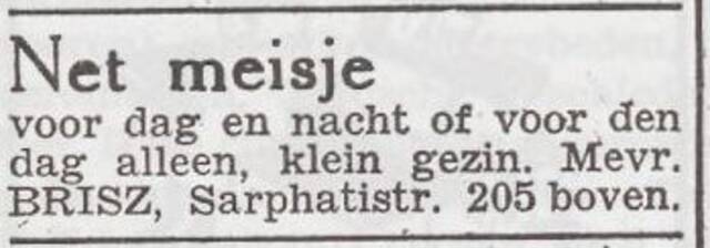 Advertentie 'personeel gevraagd' van Chaje Cywia Brisz