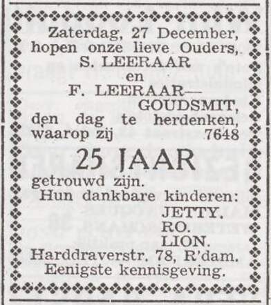 Aankondiging van het huwelijksjubileum van Samuel en Vrouwke Leeraar