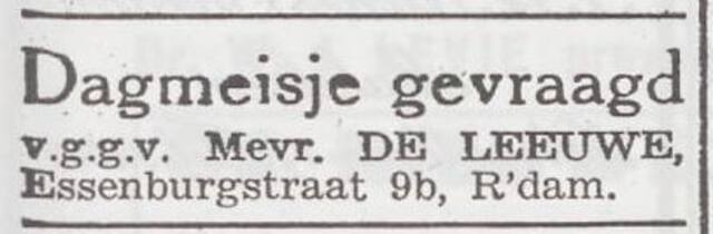 Advertentie 'personeel gevraagd' van het gezin Jonas de Leeuwe