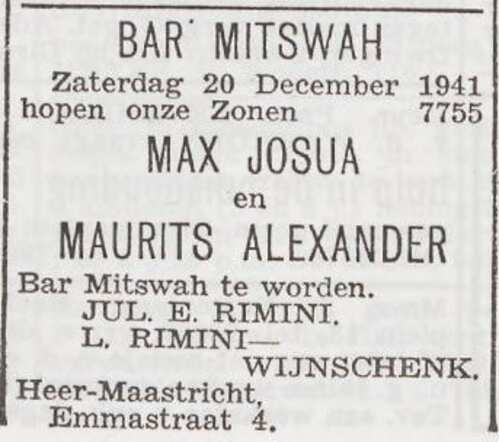 Aankondiging van de bar mitswa van Max Josua en Maurits Alexander Rimini