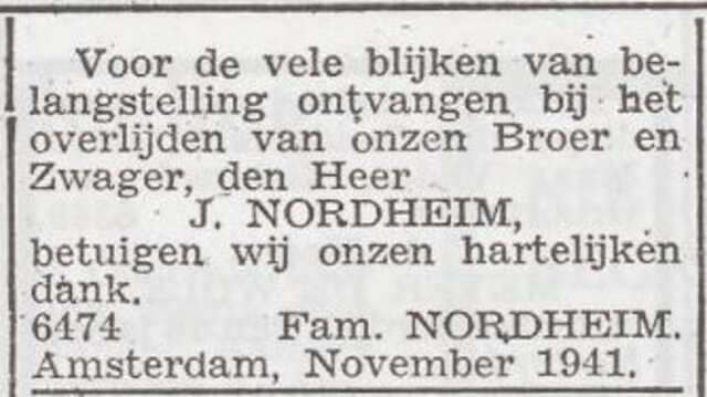 Dankbetuiging van de familie Nordheim