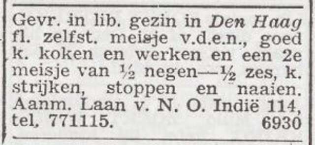 Advertentie 'personeel gevraagd' van het gezin Abraham Schuijer