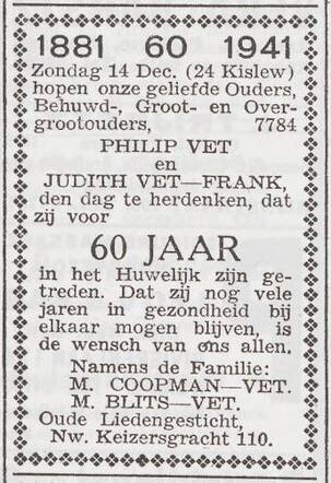 Viering van het 60-jarig huwelijk van Philip en Judith Vet-Frank