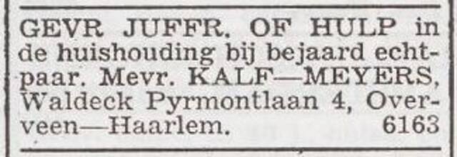Advertentie 'personeel gevraagd' van het echtpaar Abraham en Rosalie Kalf