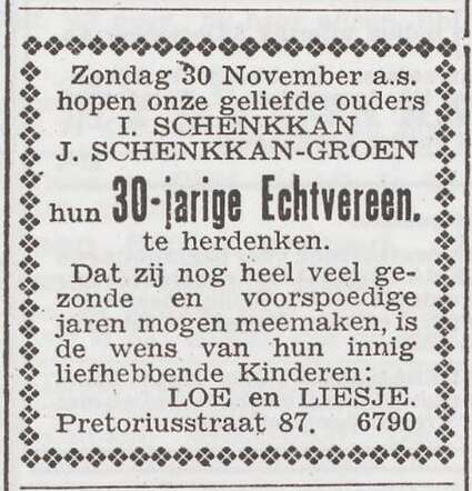 Aankondiging van de viering van het 30-jarig huwelijksfeest van I.  en Johanna Schenkkan-Groen