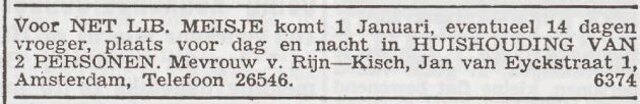 Advertentie 'personeel gevraagd' van het echtpaar Michael en Rosalie van Rijn