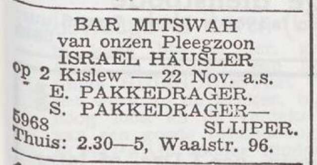 Aankondiging van de bar mitswa van pleegzoon Israel Häusler