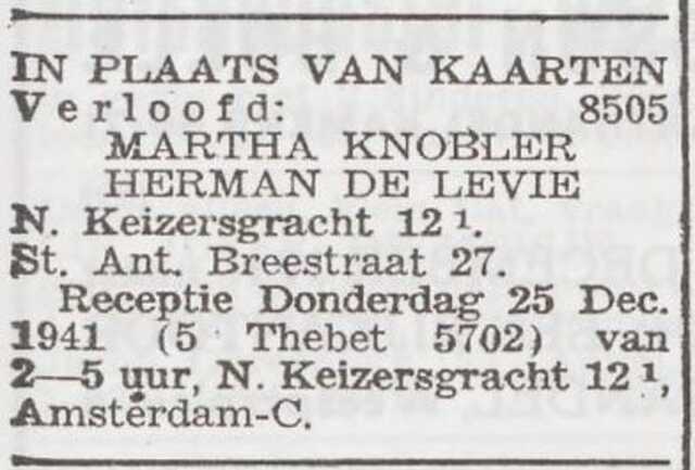 Aankondiging van de verloving van Herman de Levie en Martha Knobler