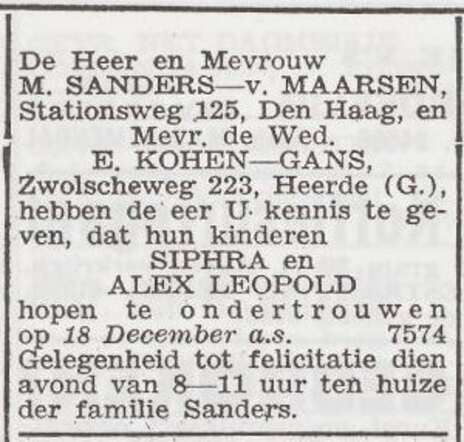 Aankondiging van ondertrouw van Siphra Sanders en Alex Leopold Kohen