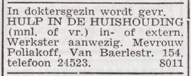 Advertentie 'personeel gevraagd' van Margaretha Poliakoff-Levie