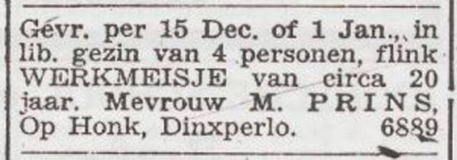 Advertentie 'personeel gevraagd' van Johanna Prins-Konijn