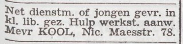 Advertentie 'personeel gevraagd' van het gezin Samuel Kool