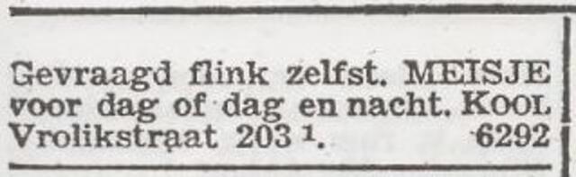 Advertentie 'personeel gevraagd' van het gezin Kool