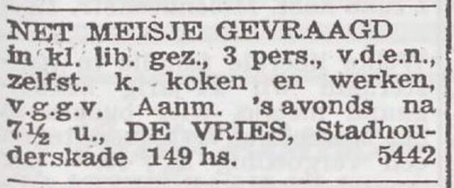 Advertentie 'personeel gevraagd' van het gezin Mouritz de Vries