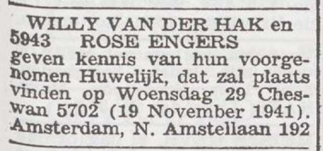 Aankondiging van de huwelijksinzegening van Willij van der Hak en Rose Engers