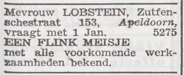 Advertentie 'personeel gevraagd' van het gezin Jacques Lobstein