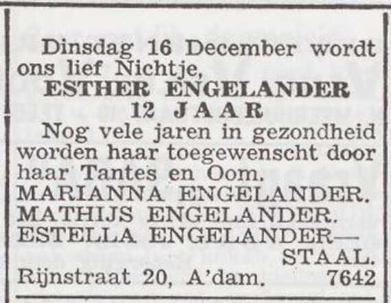Felicitatie 12de verjaardag van Esther Engelander