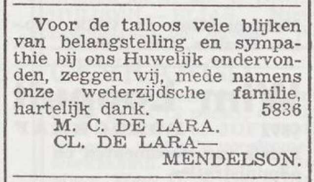 Dankbetuiging van het echtpaar Cohen de Lara