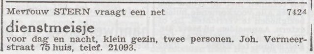 Advertentie 'personeel gevraagd' van Leentje Stern-Hamburger