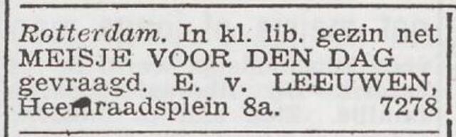 Advertentie 'personeel gevraagd' van het gezin Joseph van Leeuwen
