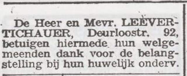 Dankbetuiging van het echtpaar Johanna en Samuel Leever